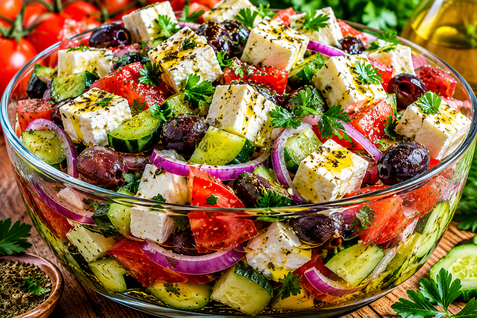 LOADED GREEK FETA SALAD WITH CRISP VEGETABLES, OLIVES & HOMEMADE LEMON OREGANO DRESSING