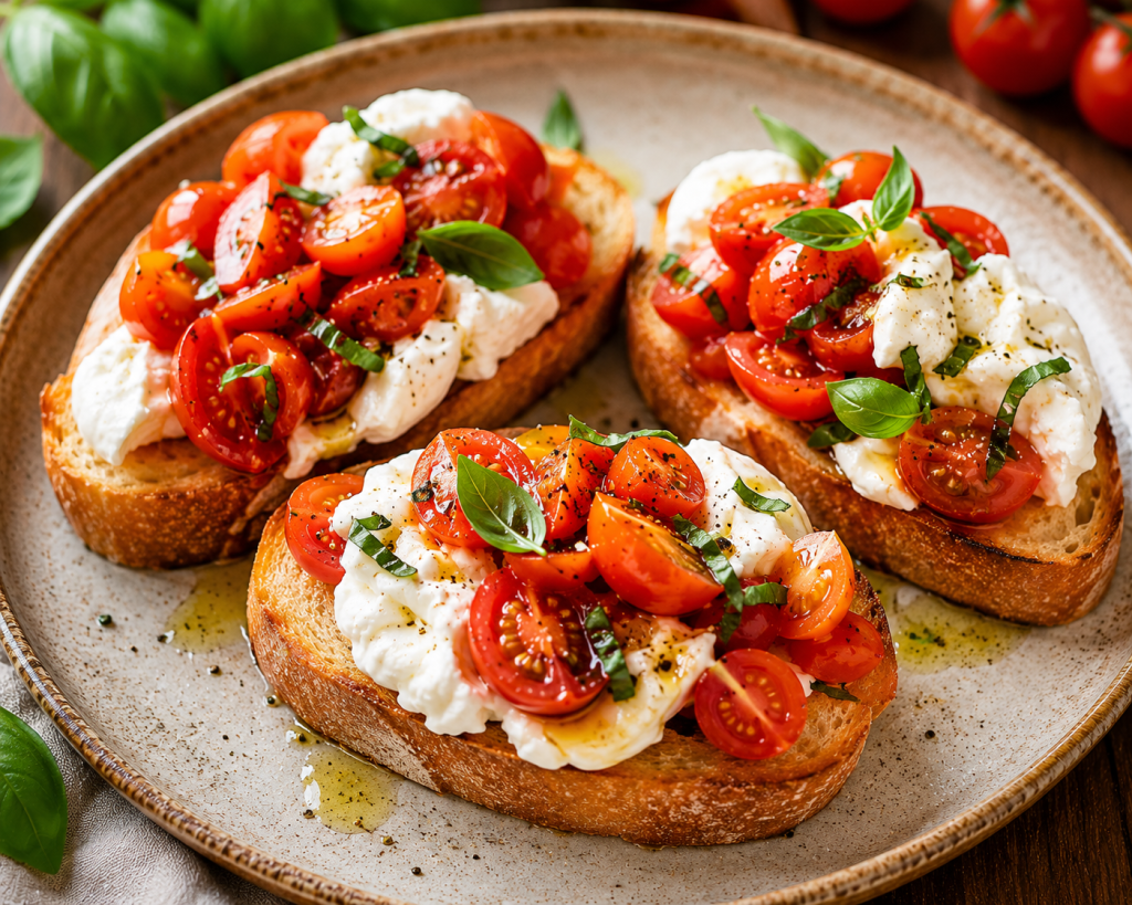 Bruschetta Primavera with Burrata and Pomodorini