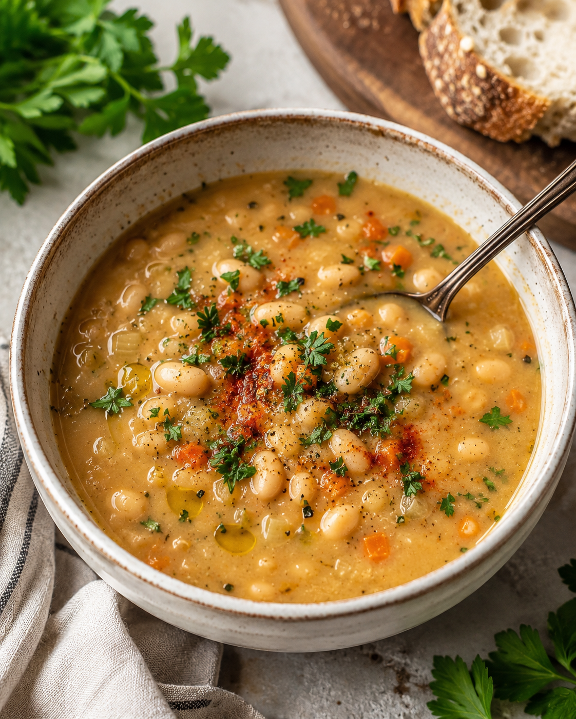 CREAMY TUSCAN WHITE BEAN SOUP WITH SPINACH, PARMESAN & GARLIC