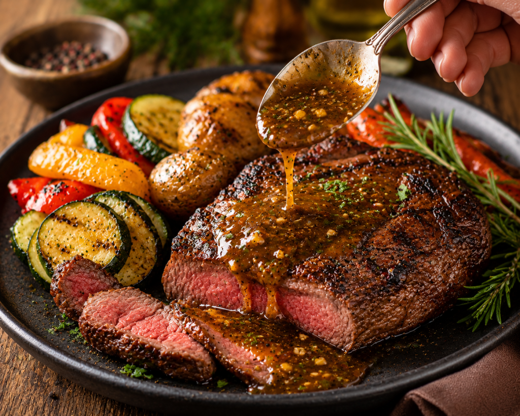Grilled Beef Steak with Garlic Herb Sauce
