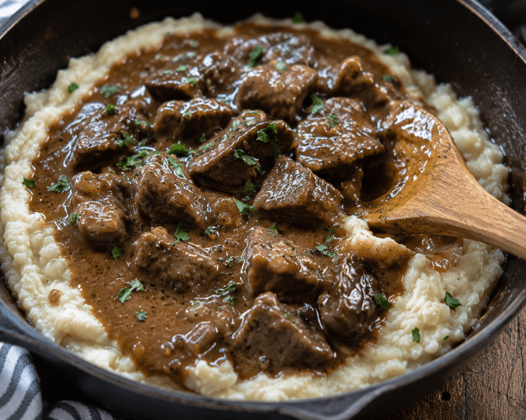 TENDER BEEF TIPS AND SAVORY GRAVY OVER CREAMY CAULIFLOWER&nbsp;MASH