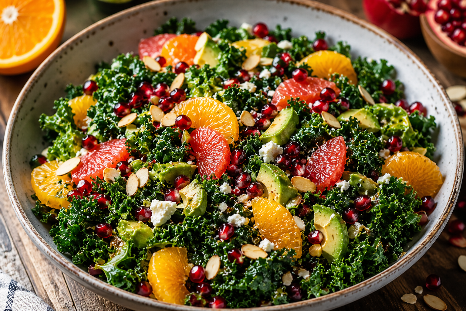 CITRUS POMEGRANATE KALE SALAD WITH HONEY LEMON DRESSING