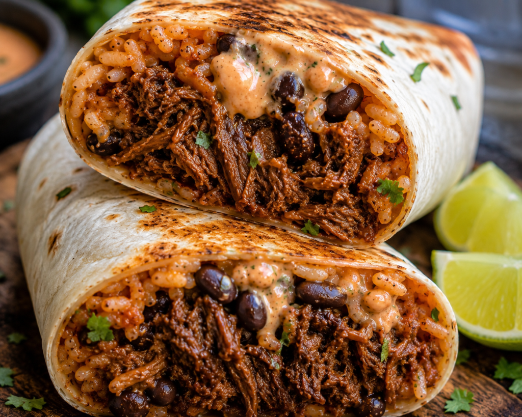 JUICY BARBACOA SHREDDED BEEF BURRITOS WITH CHIPOTLE CREAM&nbsp;SAUCE