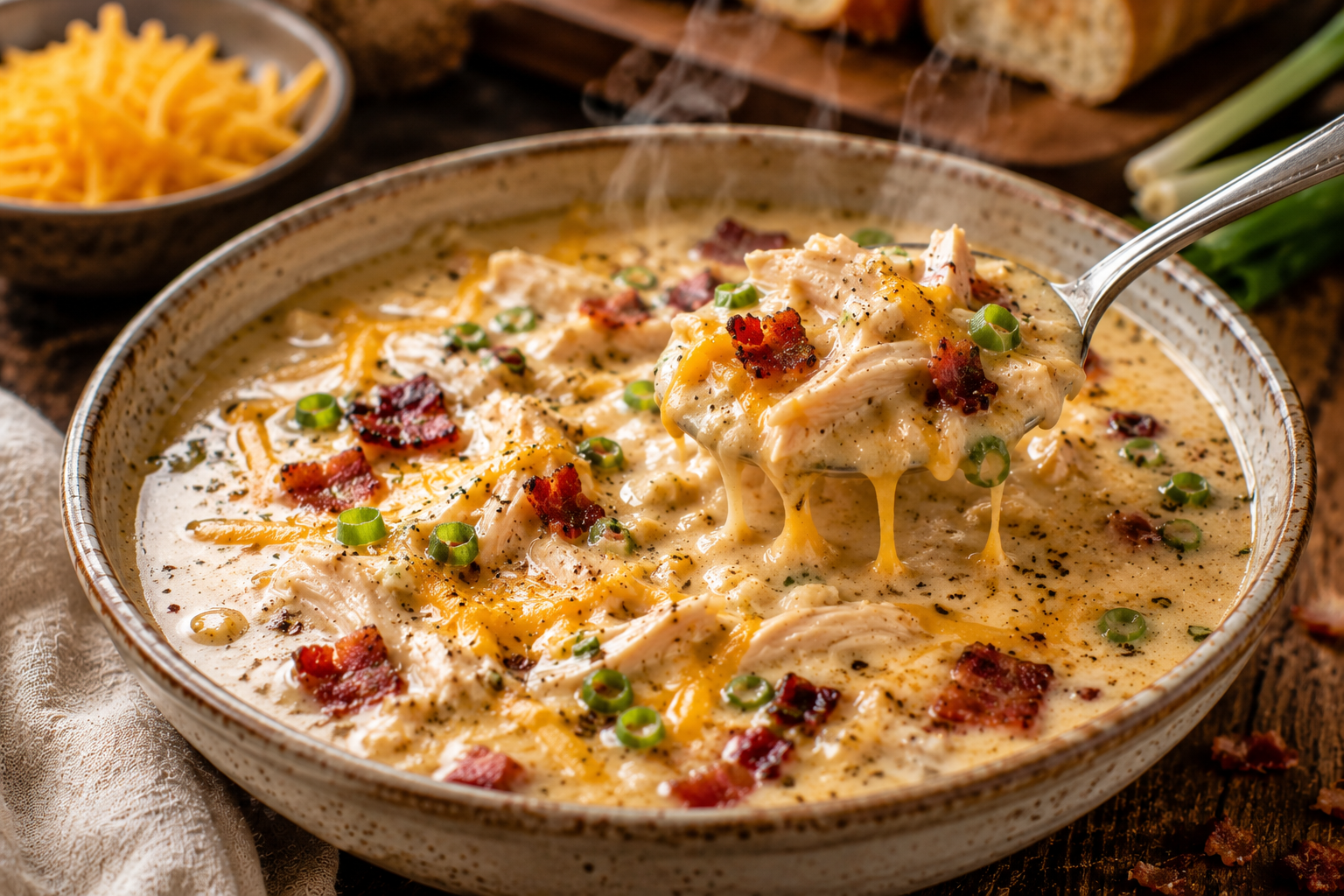Creamy Crack Chicken Soup with Bacon, Cheddar and Ranch
