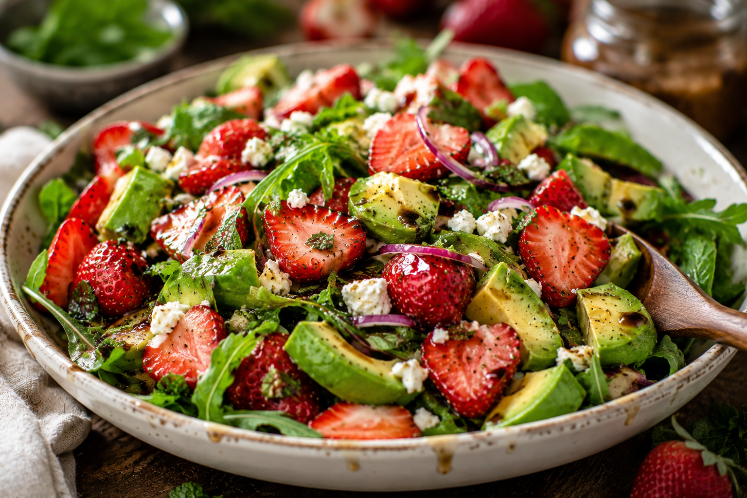 Strawberry Avocado Salad with Feta, Almonds and Balsamic Dressing