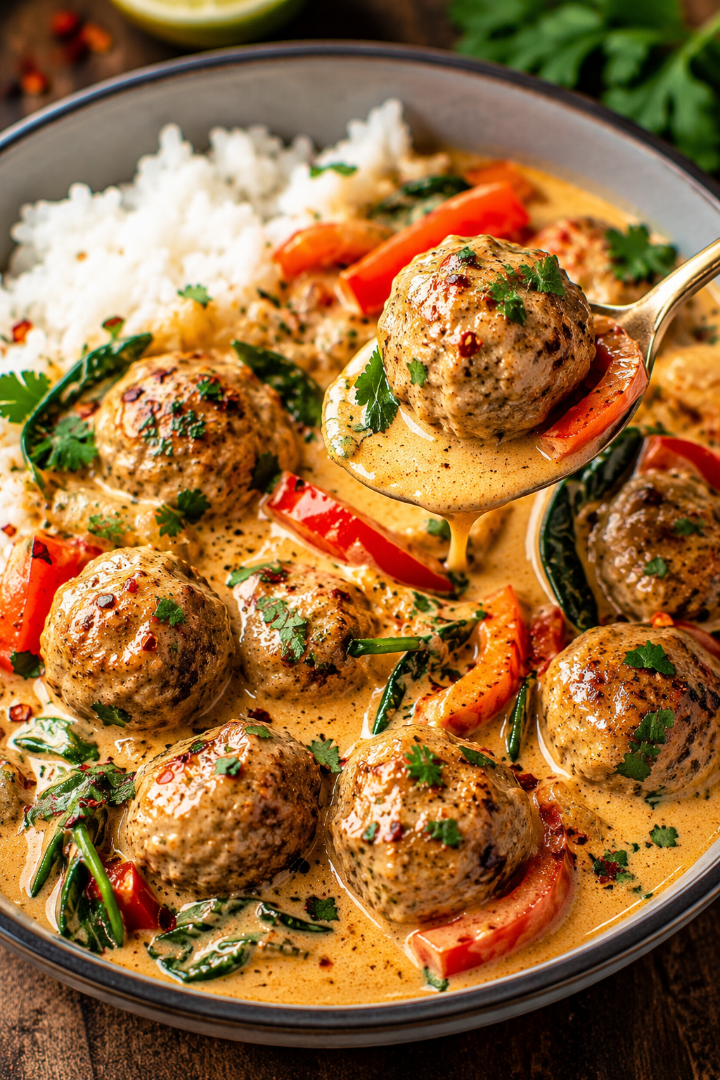 THE BEST CREAMY COCONUT CURRY MEATBALLS WITH FLUFFY JASMINE RICE AND RICH CURRY&nbsp;SAUCE