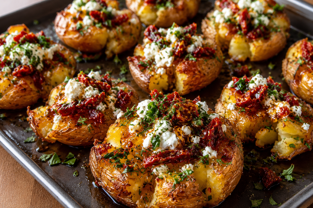 Crispy Smashed Potatoes with Feta, Sun-Dried Tomatoes & Hot&nbsp;Honey