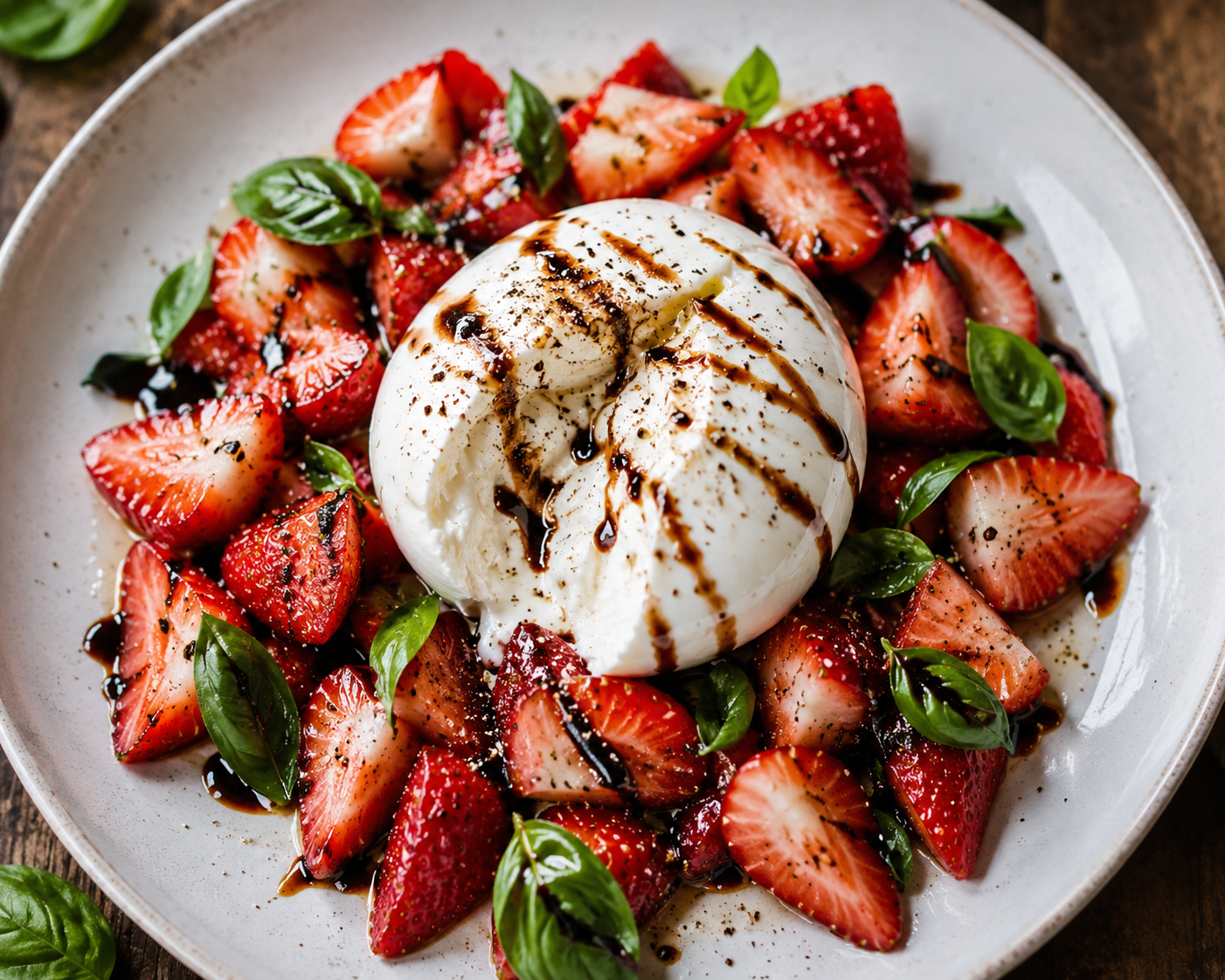 STRAWBERRY BURRATA SALAD WITH BALSAMIC GLAZE AND FRESH BASIL