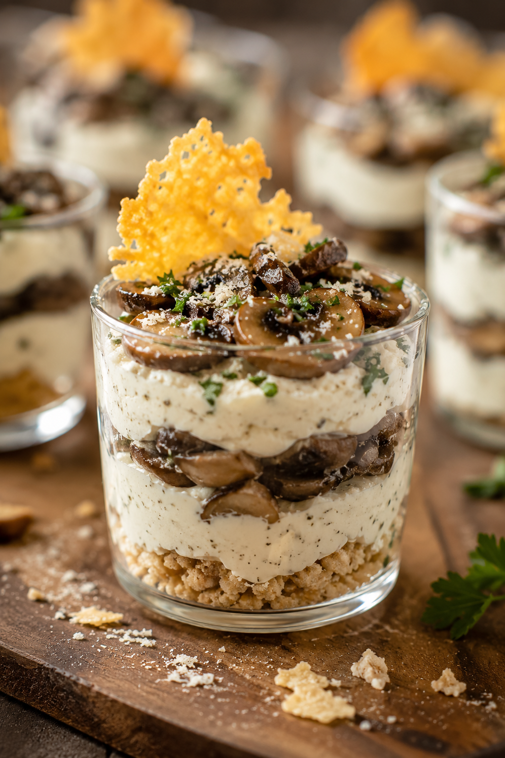 SAVORY PARMESAN TIRAMISU CUPS WITH GARLIC MUSHROOMS AND CRISPY PARMESAN