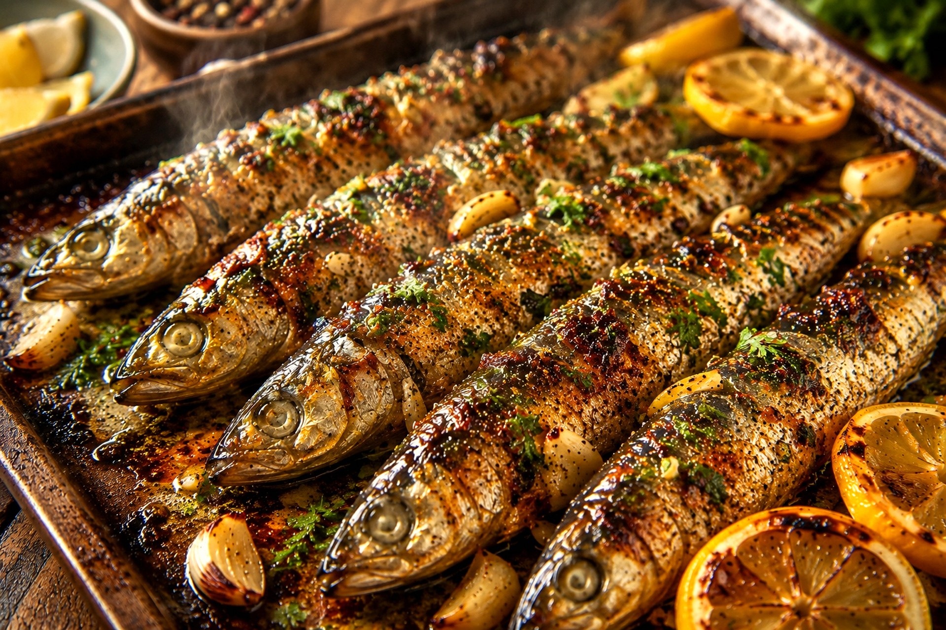 Crispy Roasted Sardines with Garlic, Lemon and Herbs