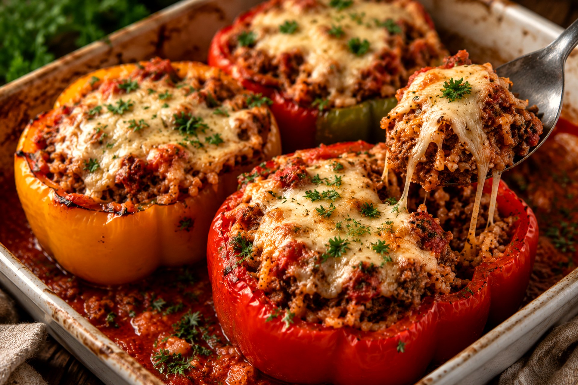 Cheesy Stuffed Bell Peppers with Seasoned Ground Beef, Fluffy Rice and Melted Mozzarella