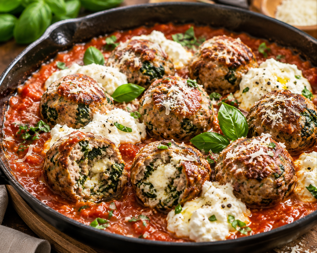 RICOTTA SPINACH MEATBALLS WITH CREAMY RICOTTA AND BRIGHT MARINARA&nbsp;SAUCE