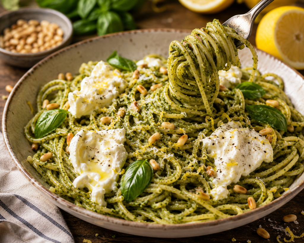 THE ULTIMATE BURRATA PESTO SPAGHETTI WITH BRIGHT LEMON AND TOASTED PINE&nbsp;NUTS
