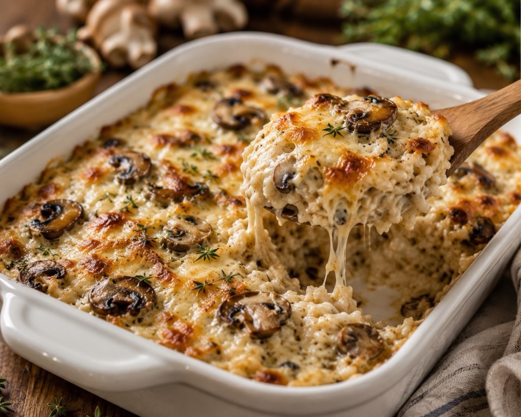 Creamy Mushroom Rice Casserole with Golden Cheesy&nbsp;Topping