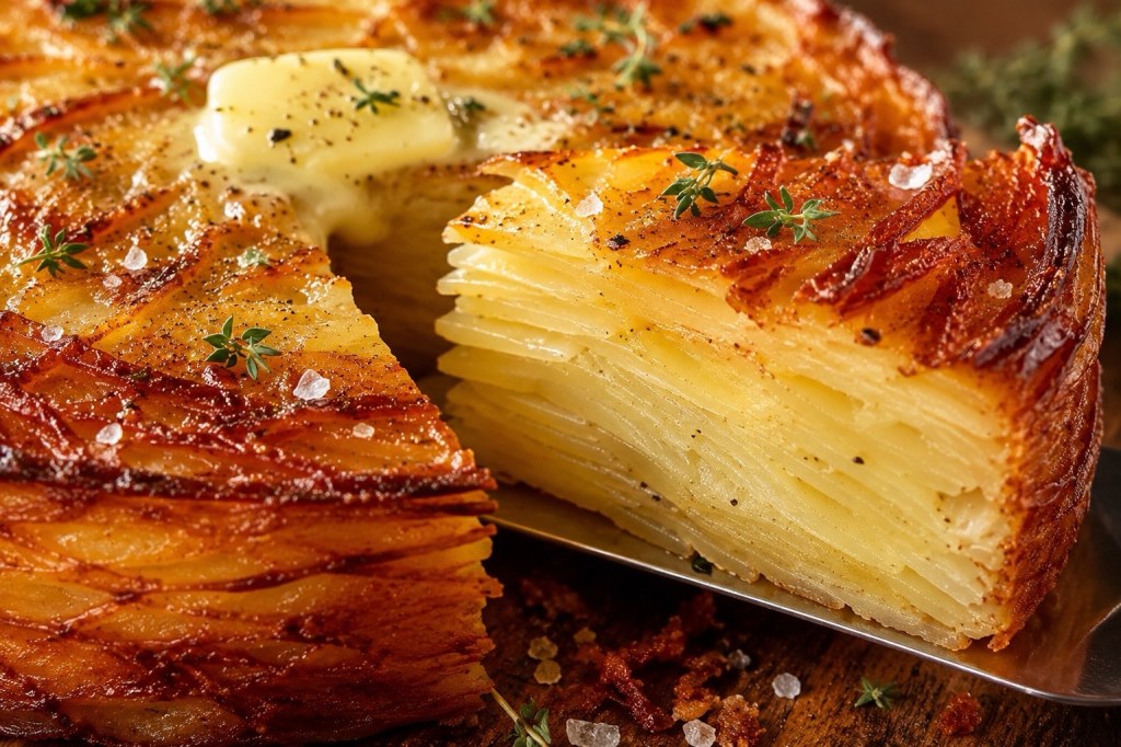 TALL CRISPY POTATO CAKE WITH GOLDEN LAYERS AND&nbsp;THYME
