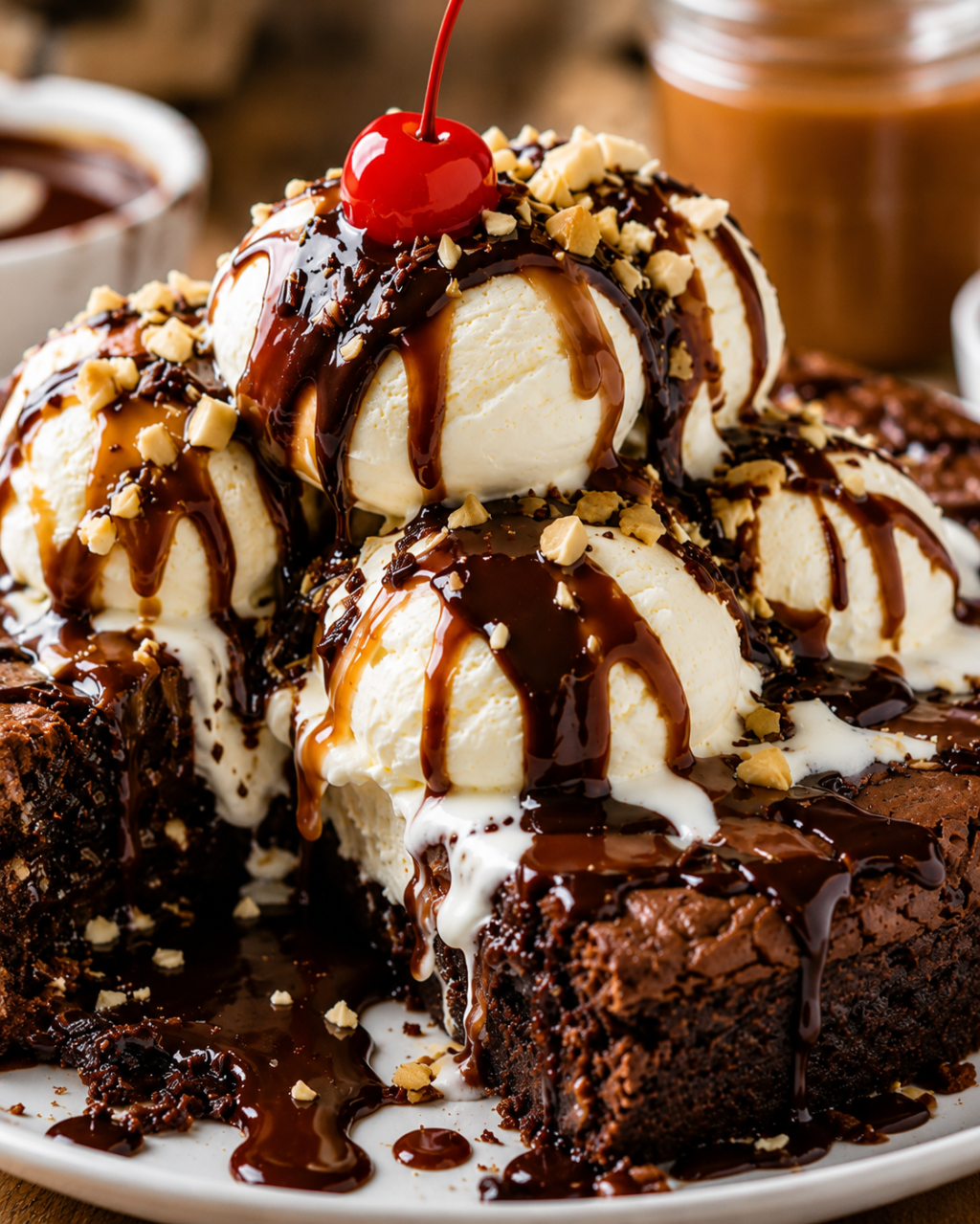 THE ULTIMATE HOT FUDGE BROWNIE SUNDAE CAKE WITH MELTING VANILLA ICE&nbsp;CREAM