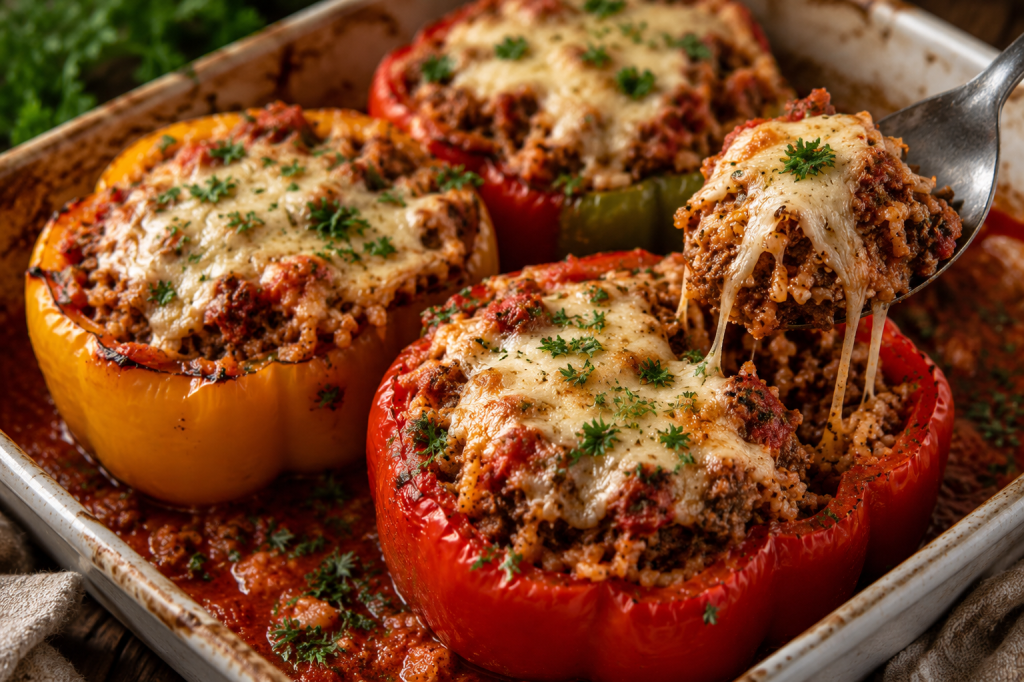 CHEESY STUFFED BELL PEPPERS WITH SEASONED GROUND BEEF, FLUFFY RICE AND MELTED&nbsp;MOZZARELLA