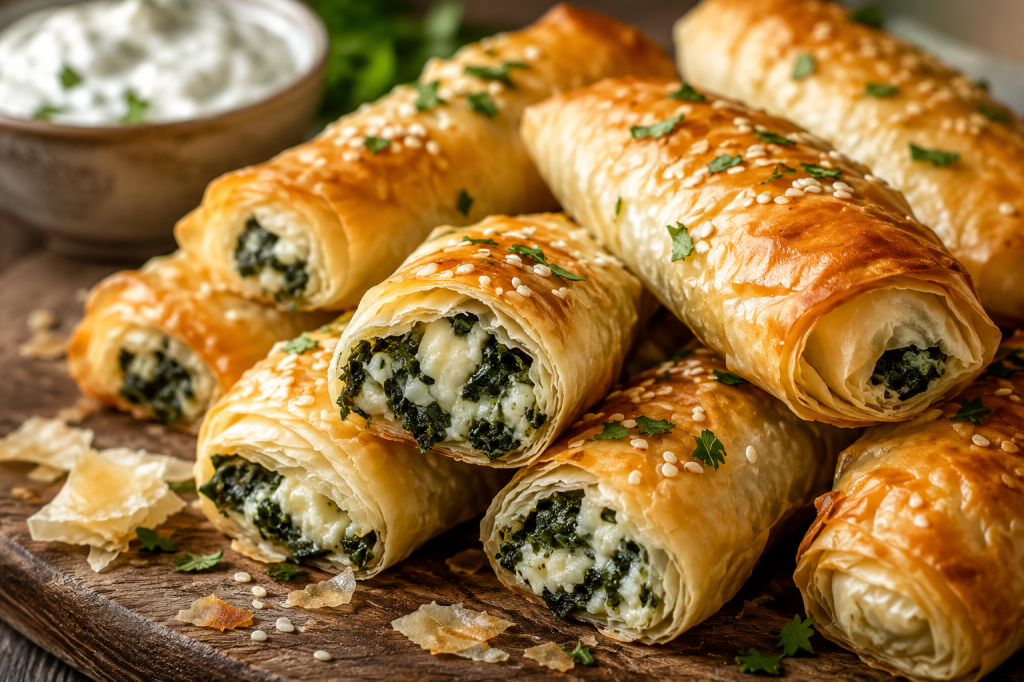 CRISPY SPINACH AND CHEESE PHYLLO ROLLS WITH FETA AND&nbsp;MOZZARELLA