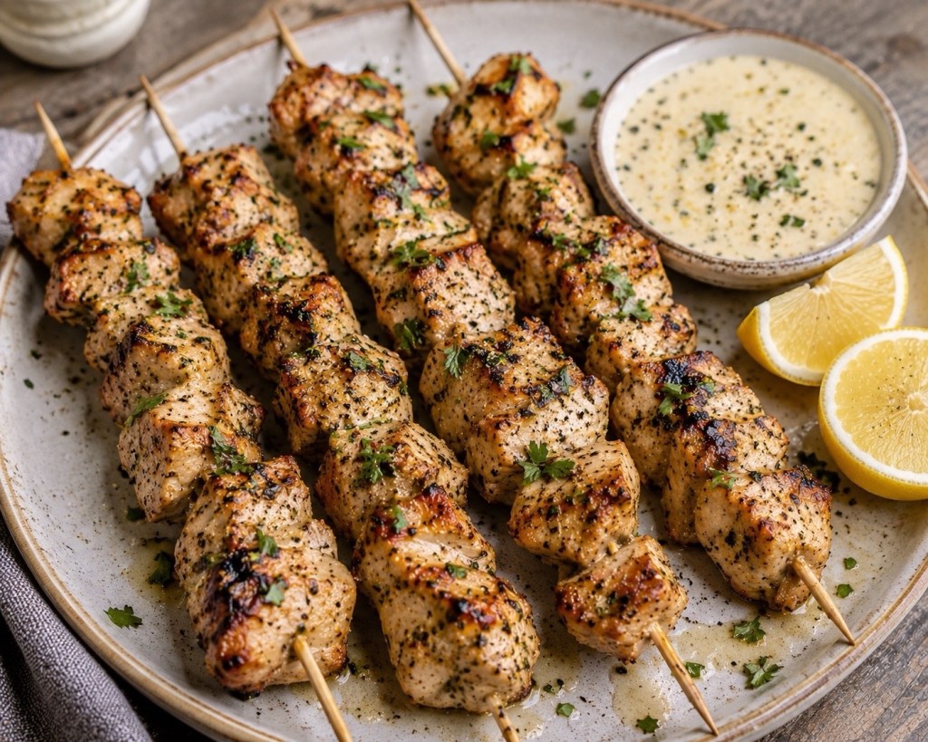 Lemon Pepper Chicken Skewers with Creamy Garlic Lemon&nbsp;Sauce