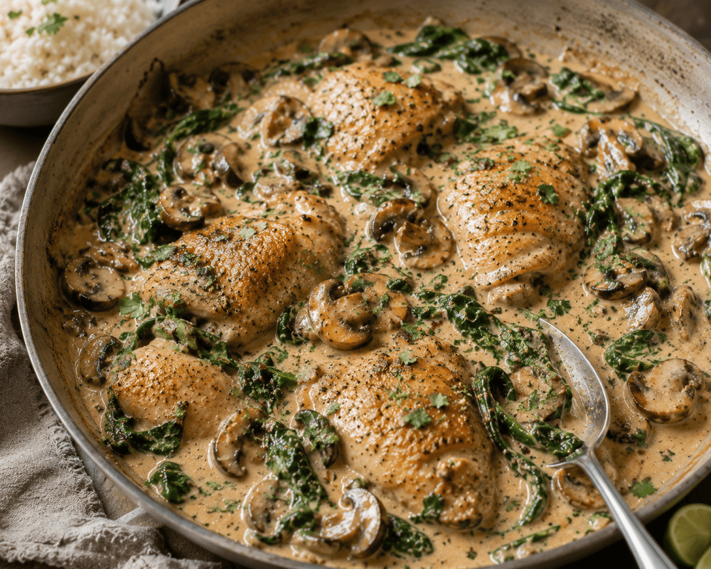 One-Pan Creamy Coconut Mushroom Chicken with Garlic, Lime &&nbsp;Spinach