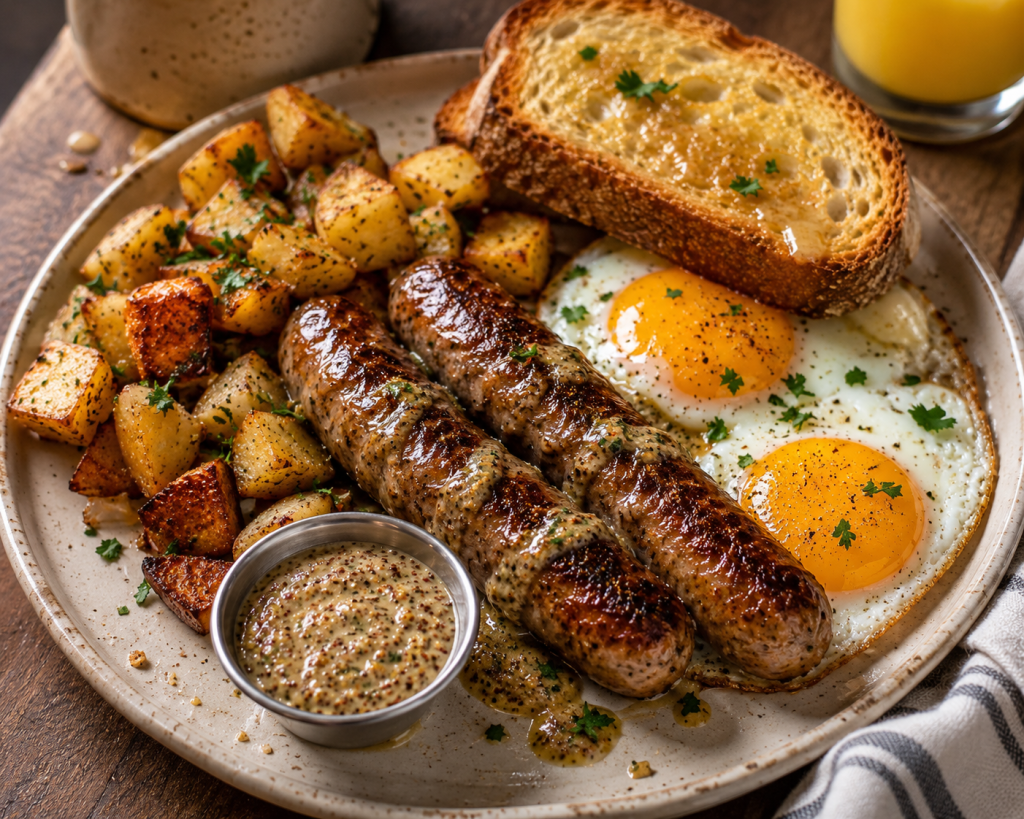The ULTIMATE BREAKFAST SAUSAGE PLATE WITH CRISPY POTATOES, SUNNY EGGS AND CREAMY MUSTARD&nbsp;SAUCE