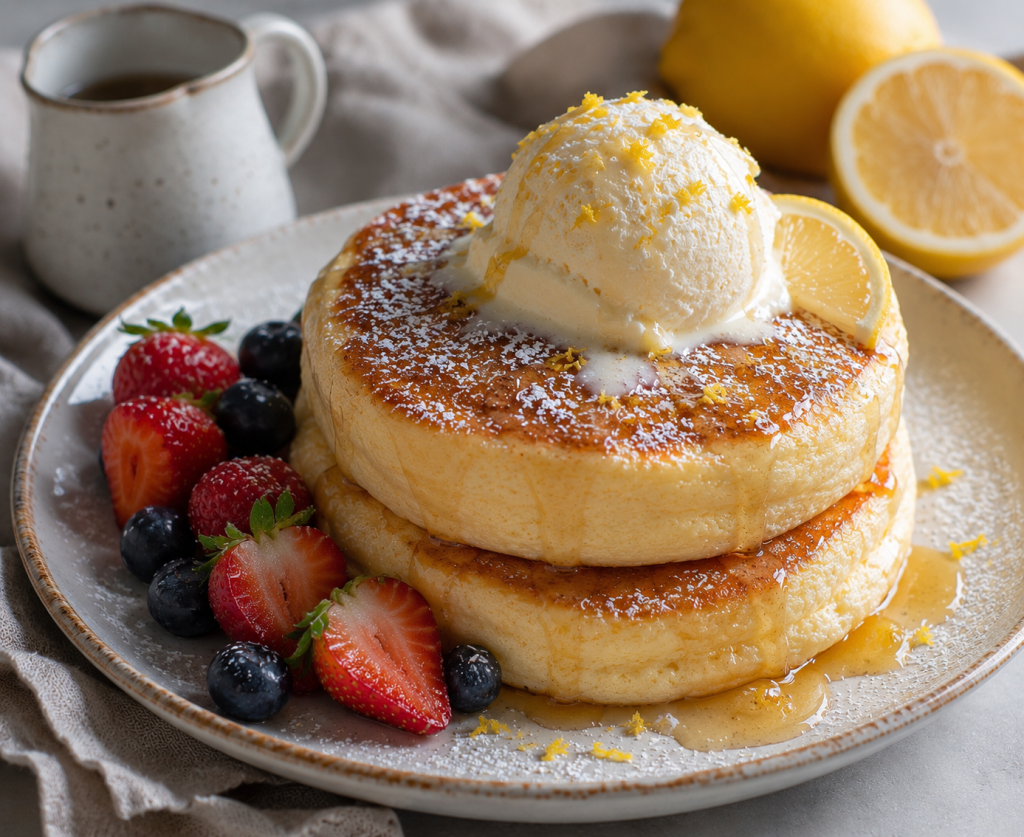 Fluffy Lemon Soufflé Pancakes with Vanilla Ice&nbsp;Cream