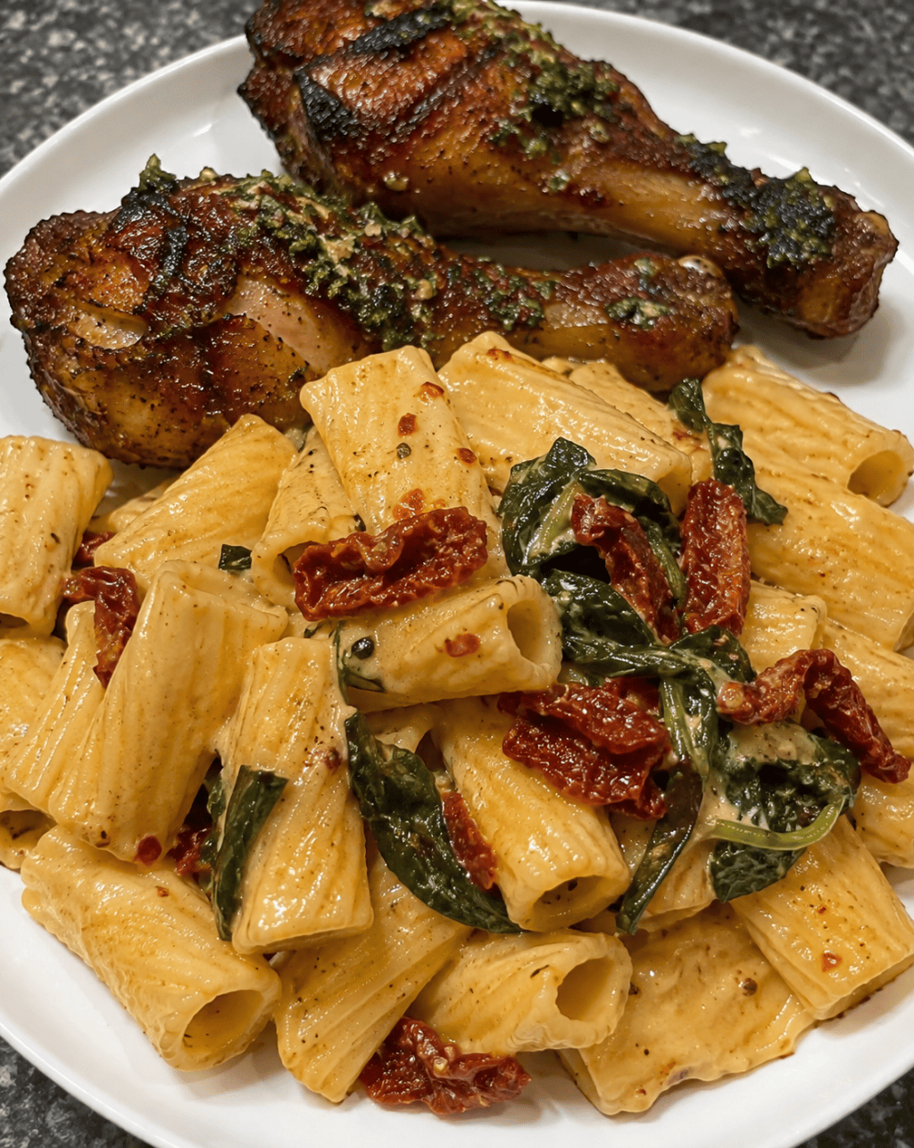 Garlic Parmesan Chicken Rigatoni with Sun-Dried Tomatoes &&nbsp;Spinach