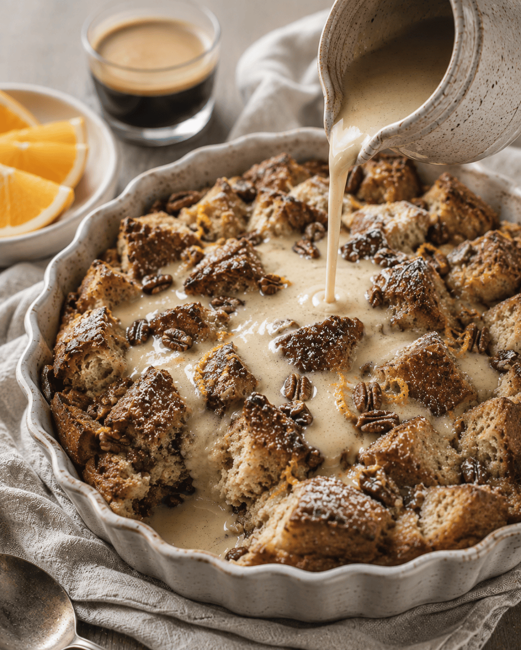 Orange Espresso Brioche Bread Pudding with Hazelnut Vanilla&nbsp;Sauce