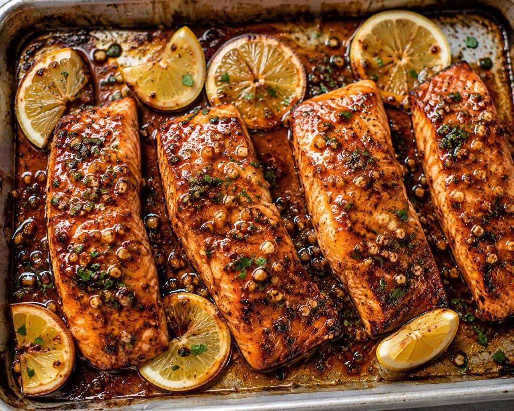 Sticky Honey Garlic Butter Salmon with Caramelized Lemon&nbsp;Glaze