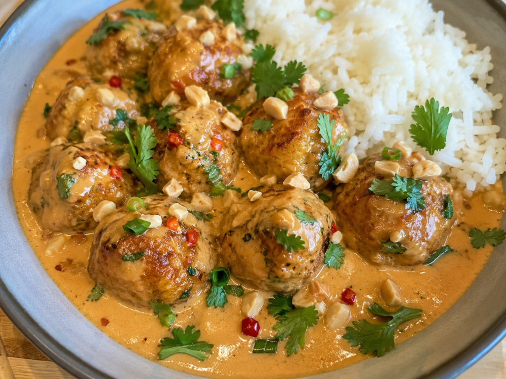 Thai-Inspired Peanut Chicken Meatballs with Creamy Coconut&nbsp;Sauce