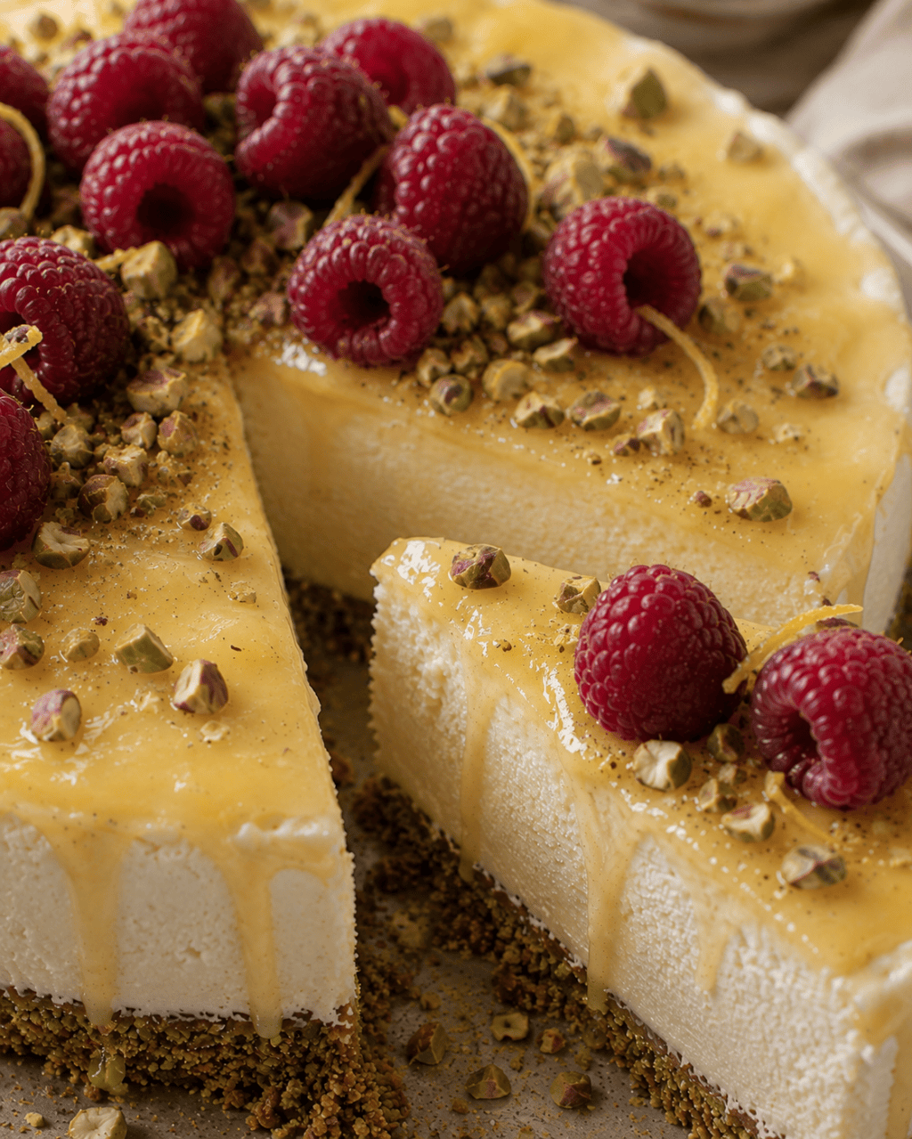 Creamy Lemon Curd Cheesecake with Pistachio Crust & Fresh&nbsp;Raspberries