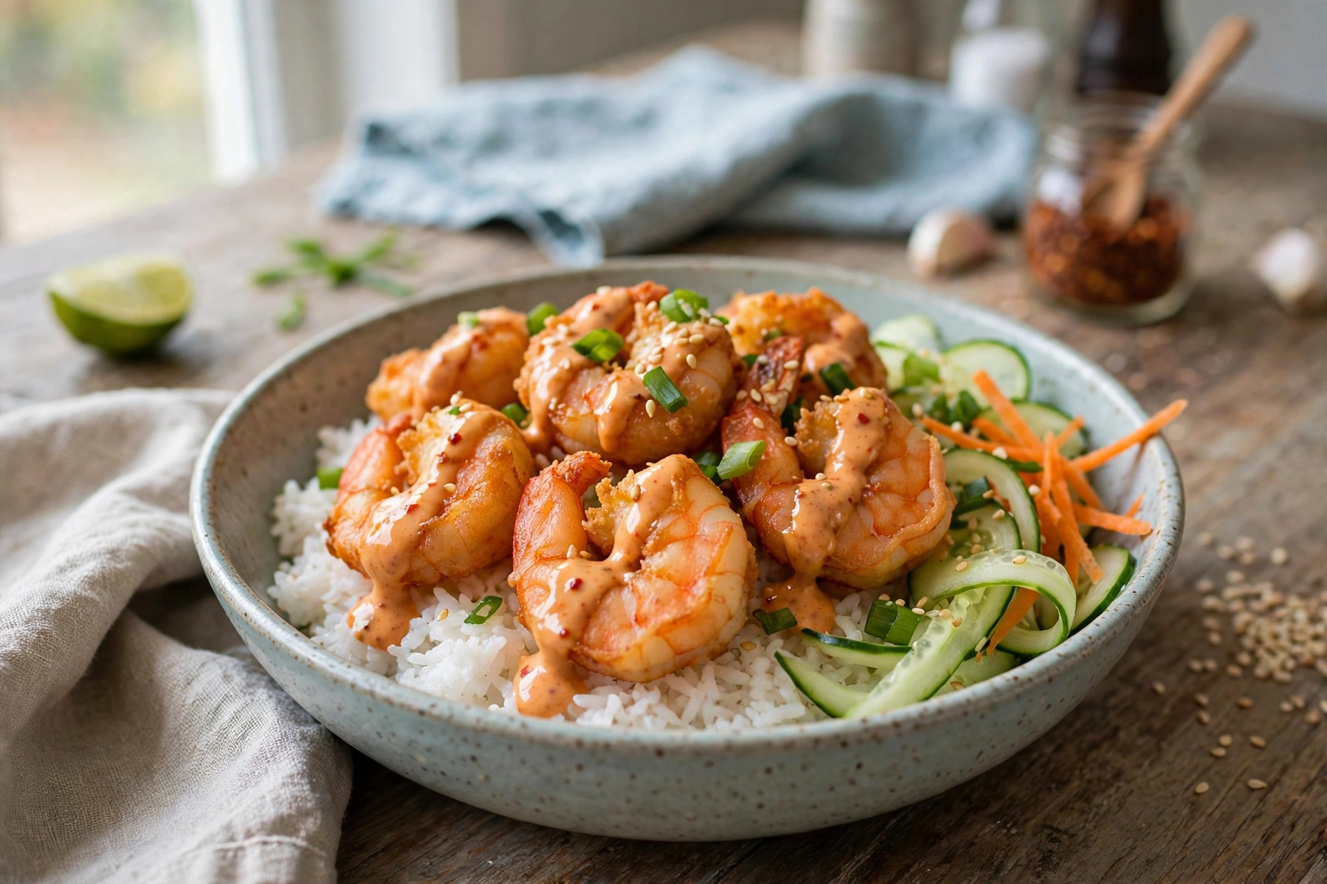 Crispy Air Fryer Bang Bang Shrimp Bowls with Creamy Spicy Sauce