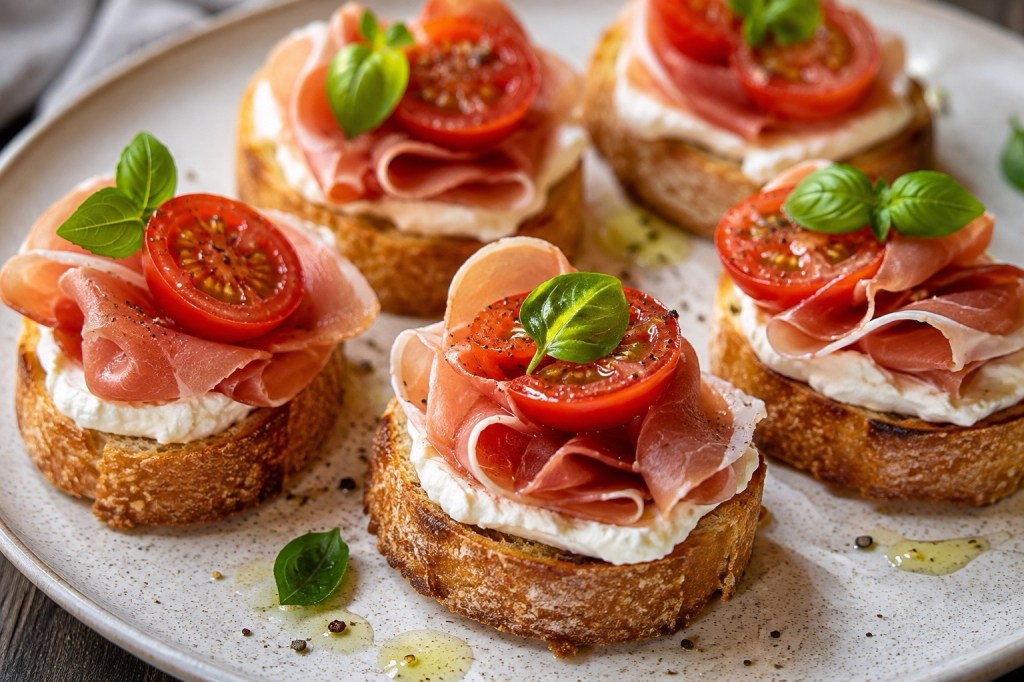 Crispy Prosciutto Tomato Crostini with Cream Cheese and Fresh&nbsp;Basil