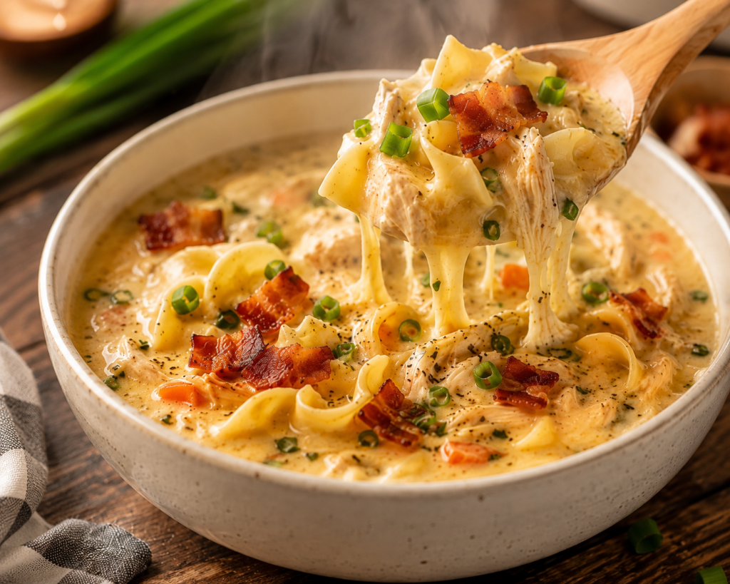 CREAMY CRACK CHICKEN NOODLE SOUP WITH BACON, CHEDDAR AND&nbsp;RANCH