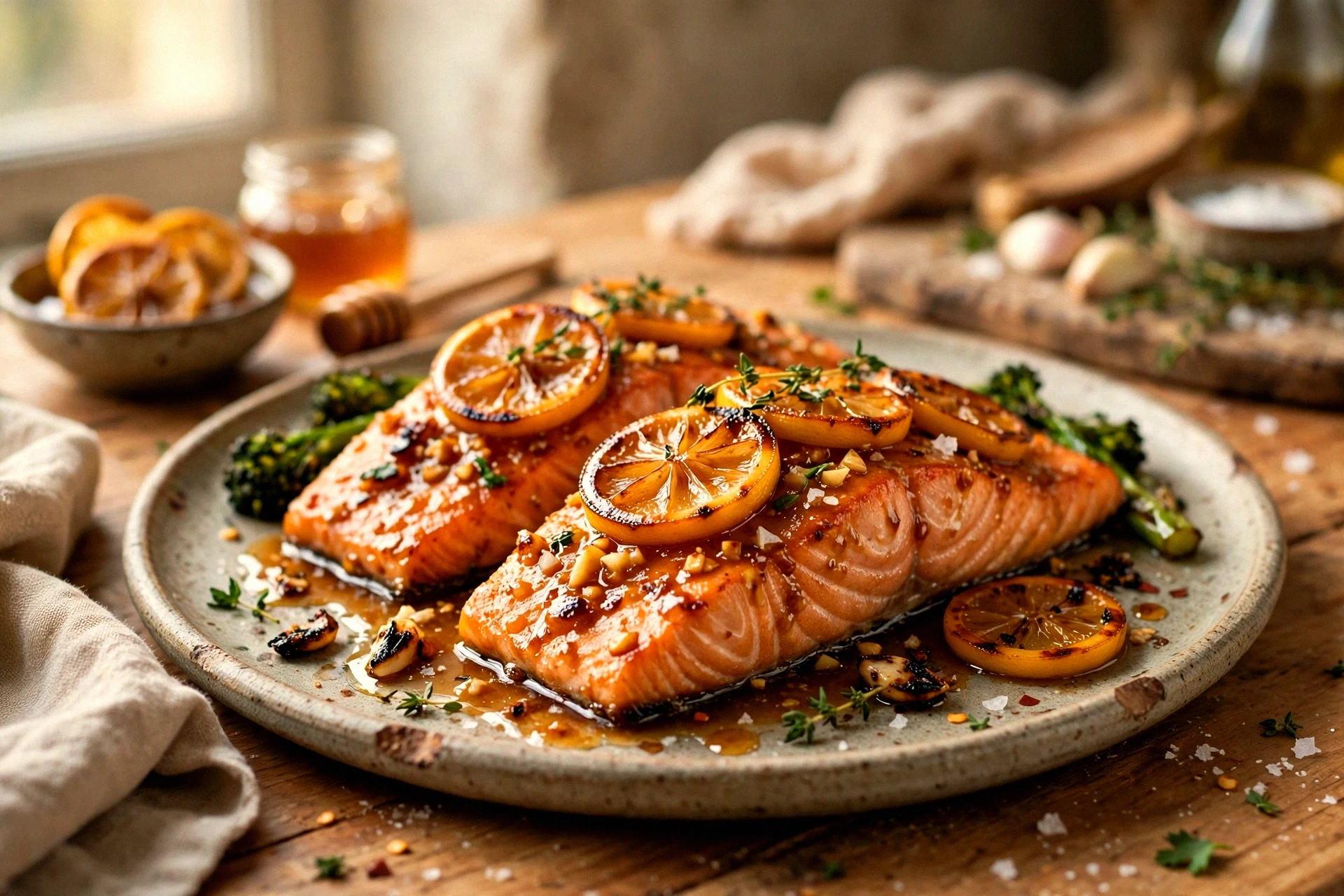 Sticky Honey Garlic Butter Salmon with Caramelized Lemon Glaze
