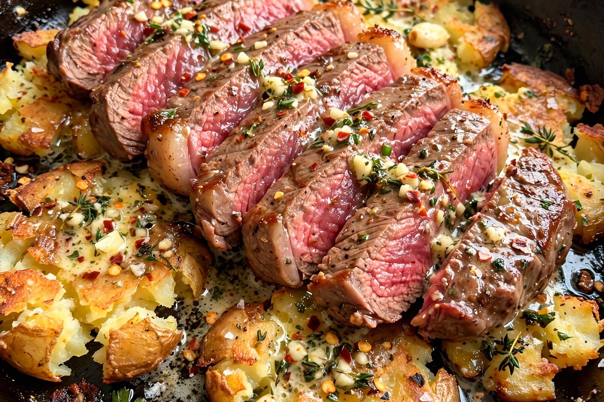 Cowboy Butter Steak with Crispy Smashed Potatoes