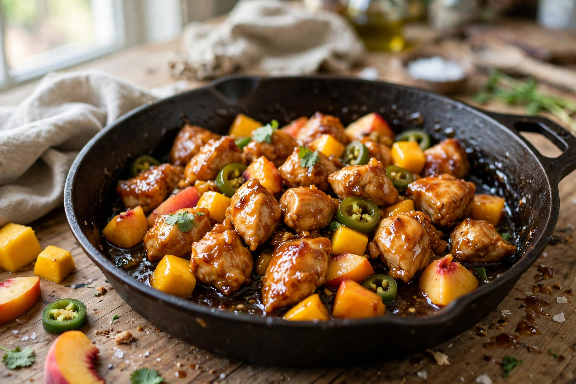 Sticky Mango Peach Jalapeño Chicken Skillet