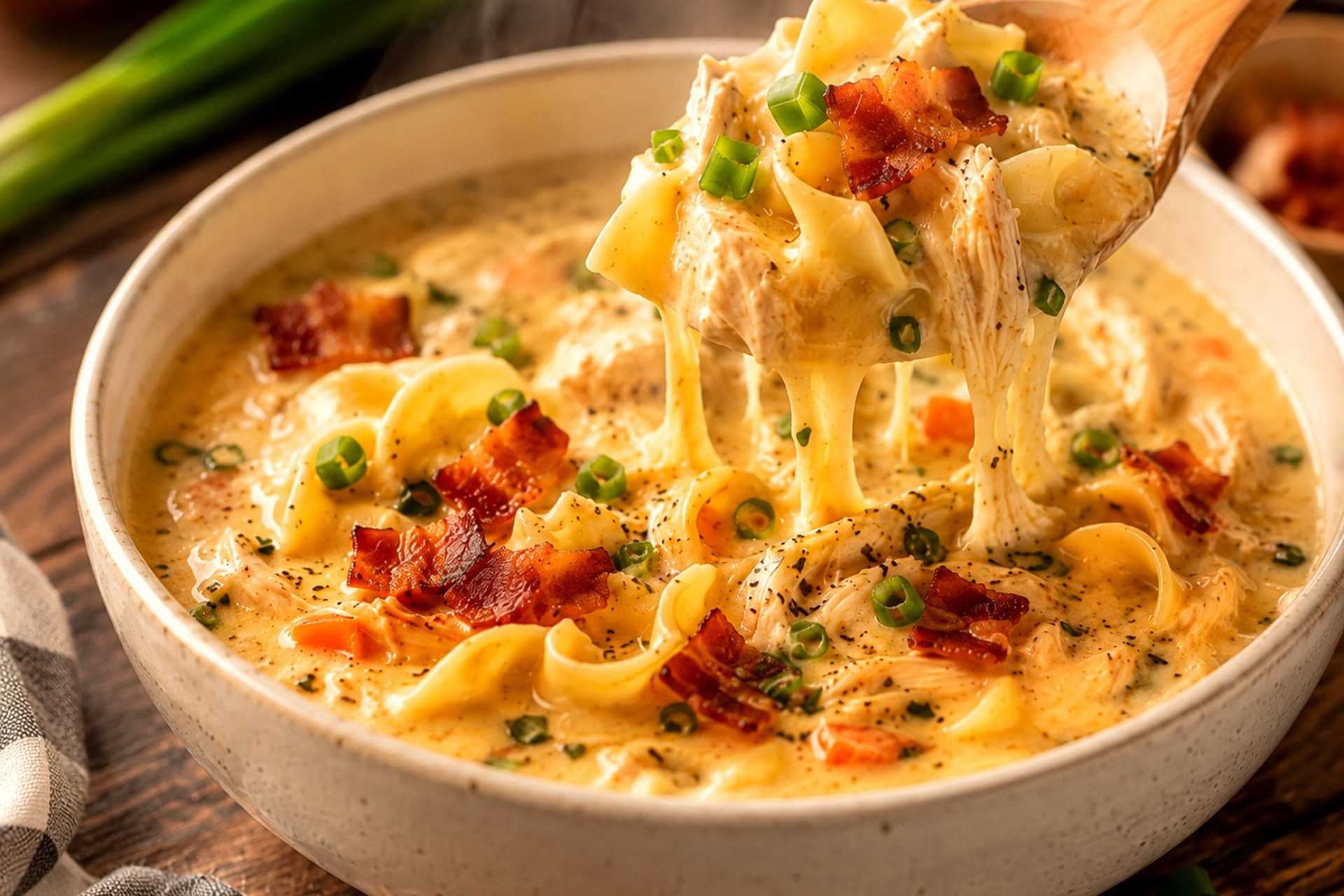 Creamy Crack Chicken Noodle Soup with Bacon, Cheddar and Ranch