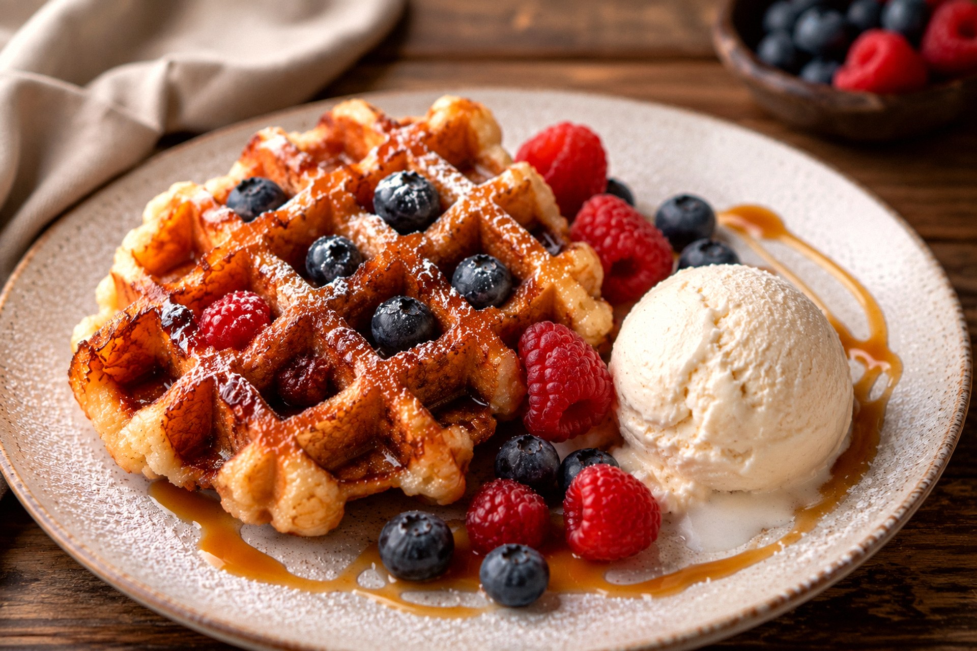 Authentic Belgian Liège Waffles with Caramelized Pearl Sugar and Vanilla Ice Cream