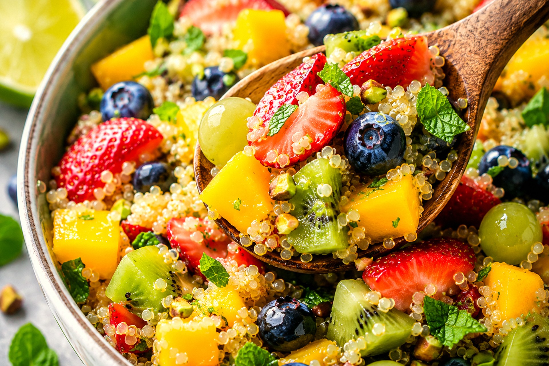 The Best Fresh Quinoa Fruit Salad with Berries, Mango and Honey Lime Dressing