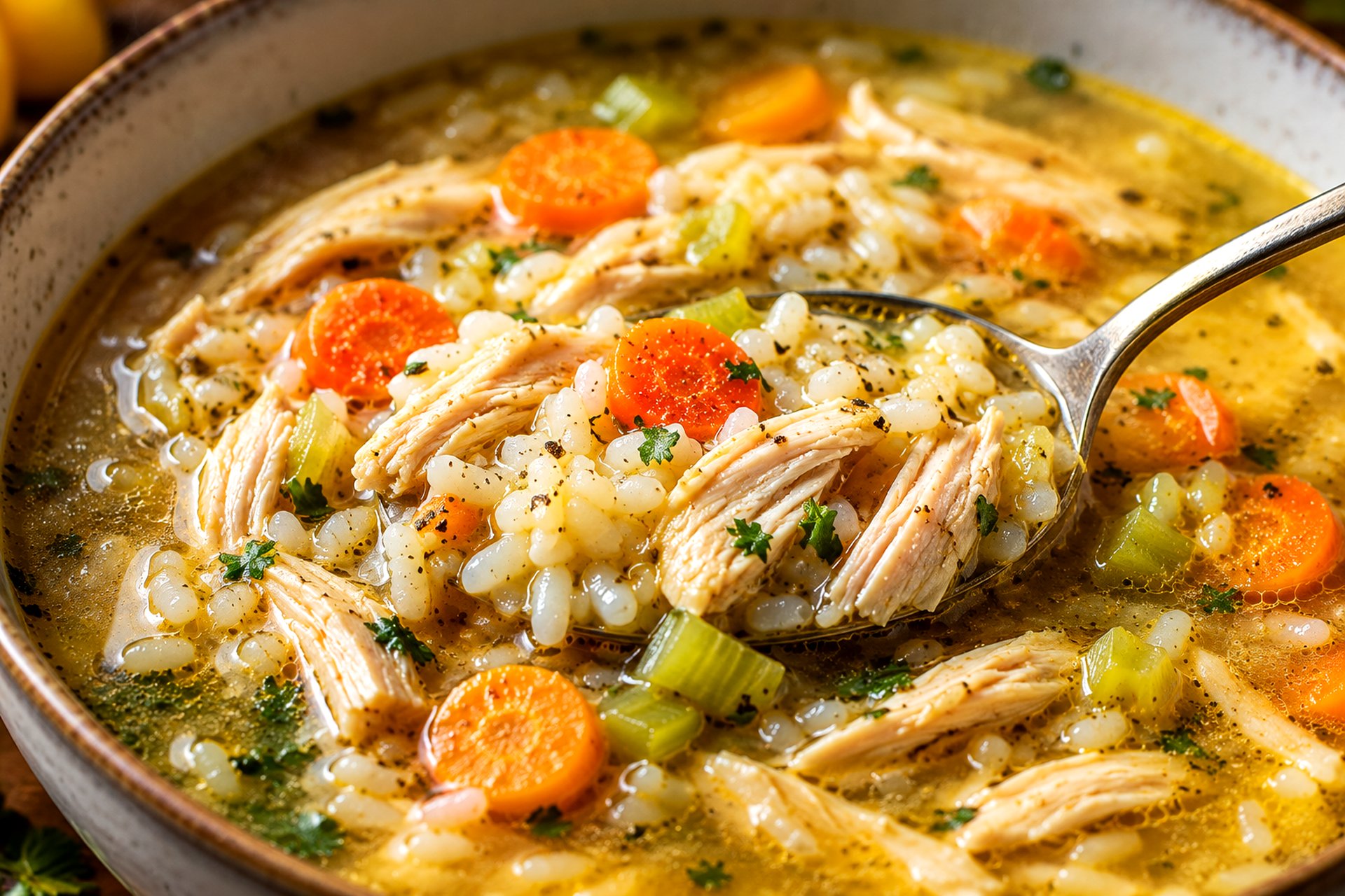 Hearty Homemade Chicken Rice Soup with Tender Chicken and Vegetables