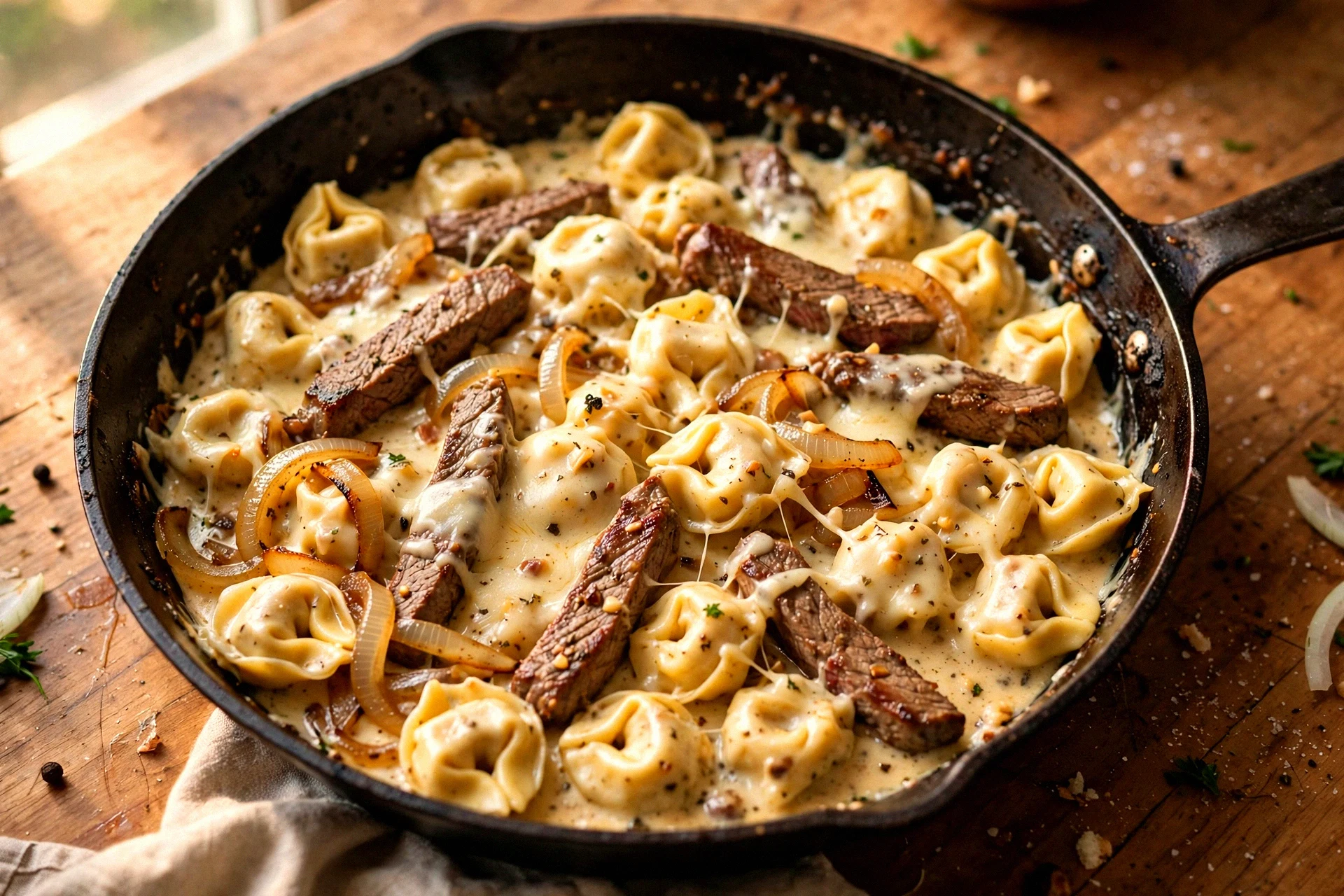 Cheesesteak Tortellini in Rich Provolone Sauce