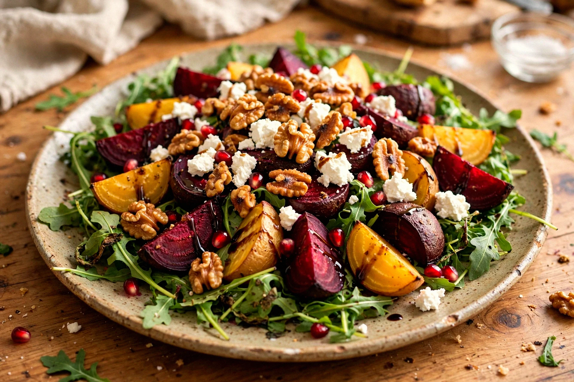 THE BEST ROASTED BEET SALAD WITH CREAMY GOAT CHEESE, CANDIED WALNUTS & HONEY BALSAMIC DRESSING