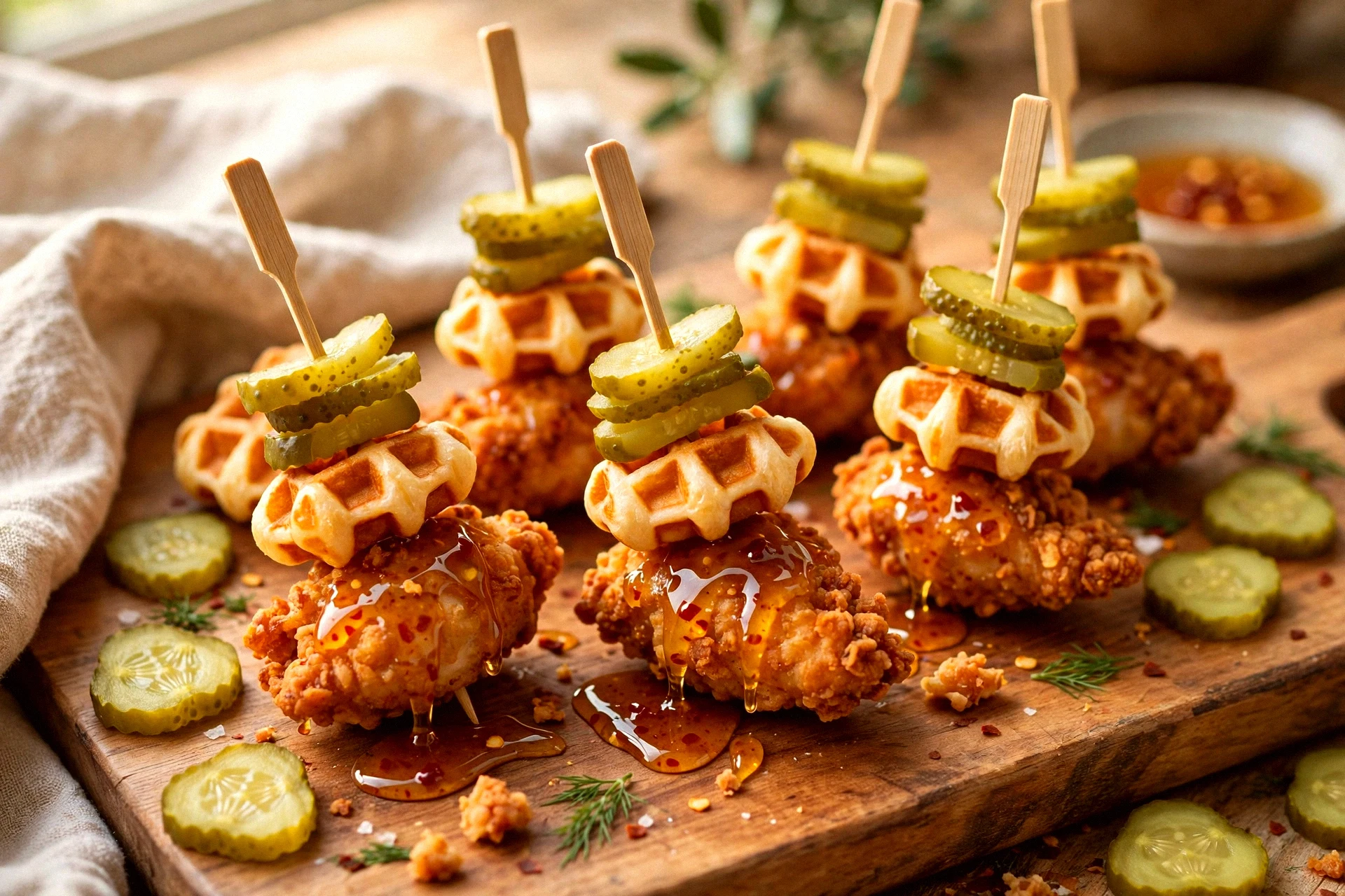 Crispy Chicken & Waffle Bites with Hot Honey