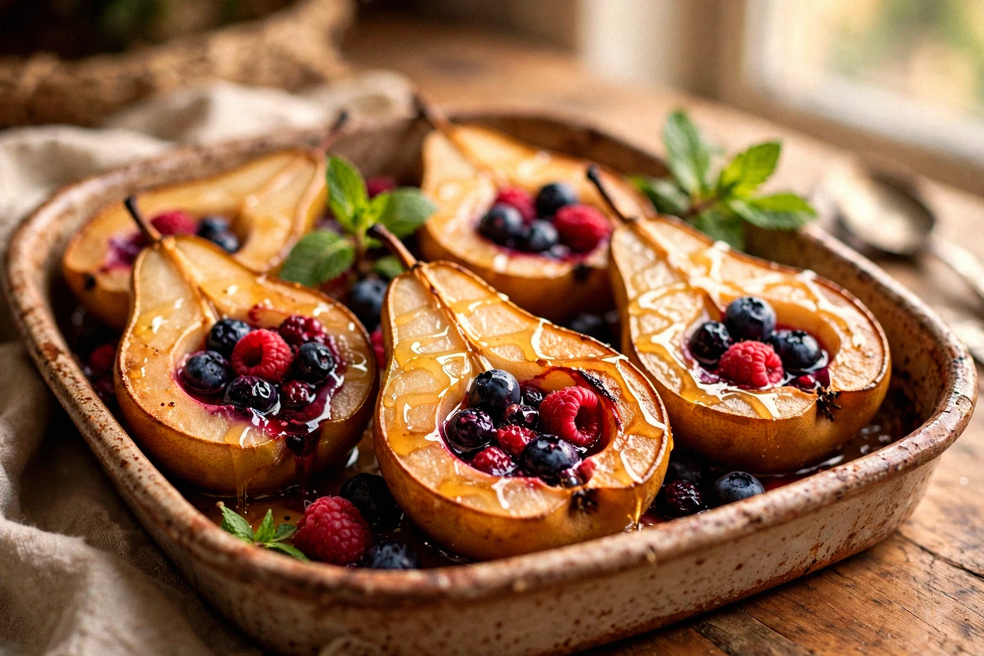 HONEY ROASTED PEARS STUFFED WITH BLUEBERRIES AND RASPBERRIES