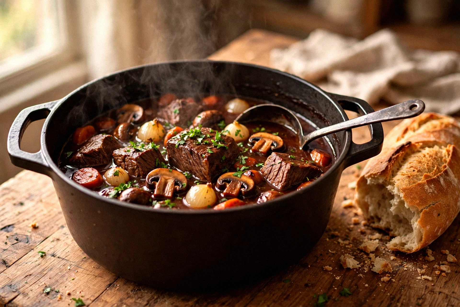 ONE-POT BEEF BOURGUIGNON WITH TENDER BEEF, MUSHROOMS AND RICH RED WINE SAUCE