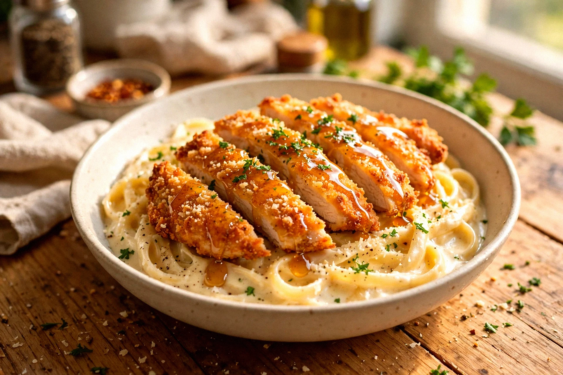 Crispy Hot Honey Chicken Alfredo