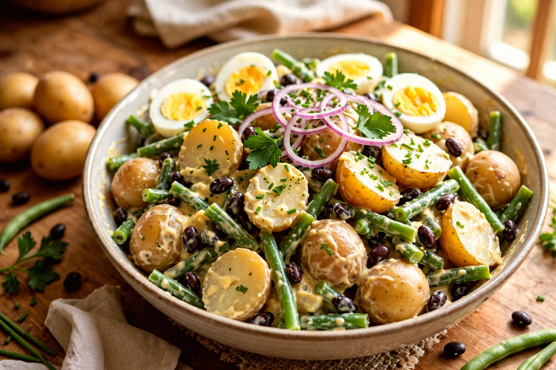 Creamy Dijon Potato & Green Bean Salad with Eggs and Black Beans