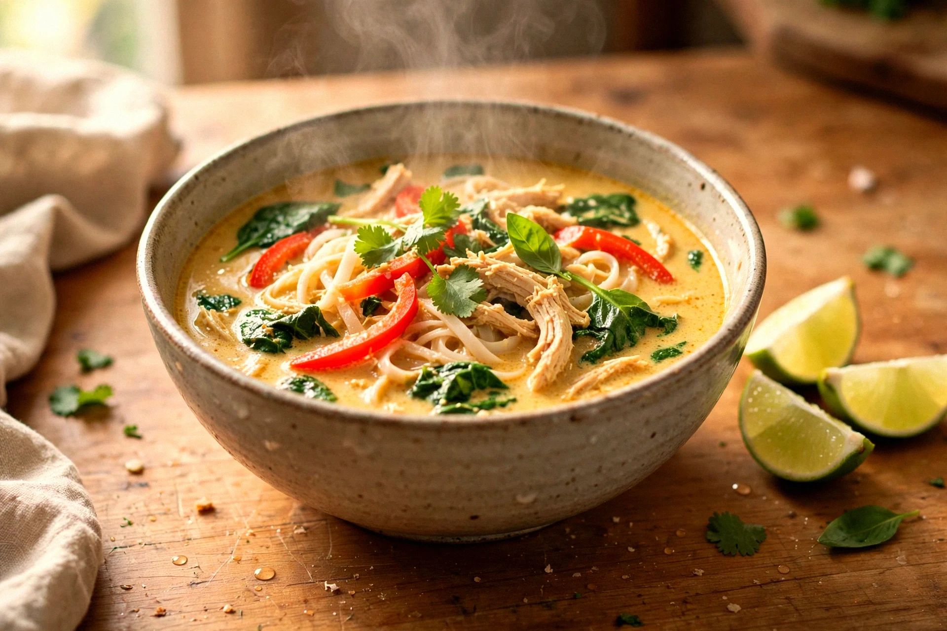 Coconut Curry Noodle Soup with Fresh Lime & Herbs