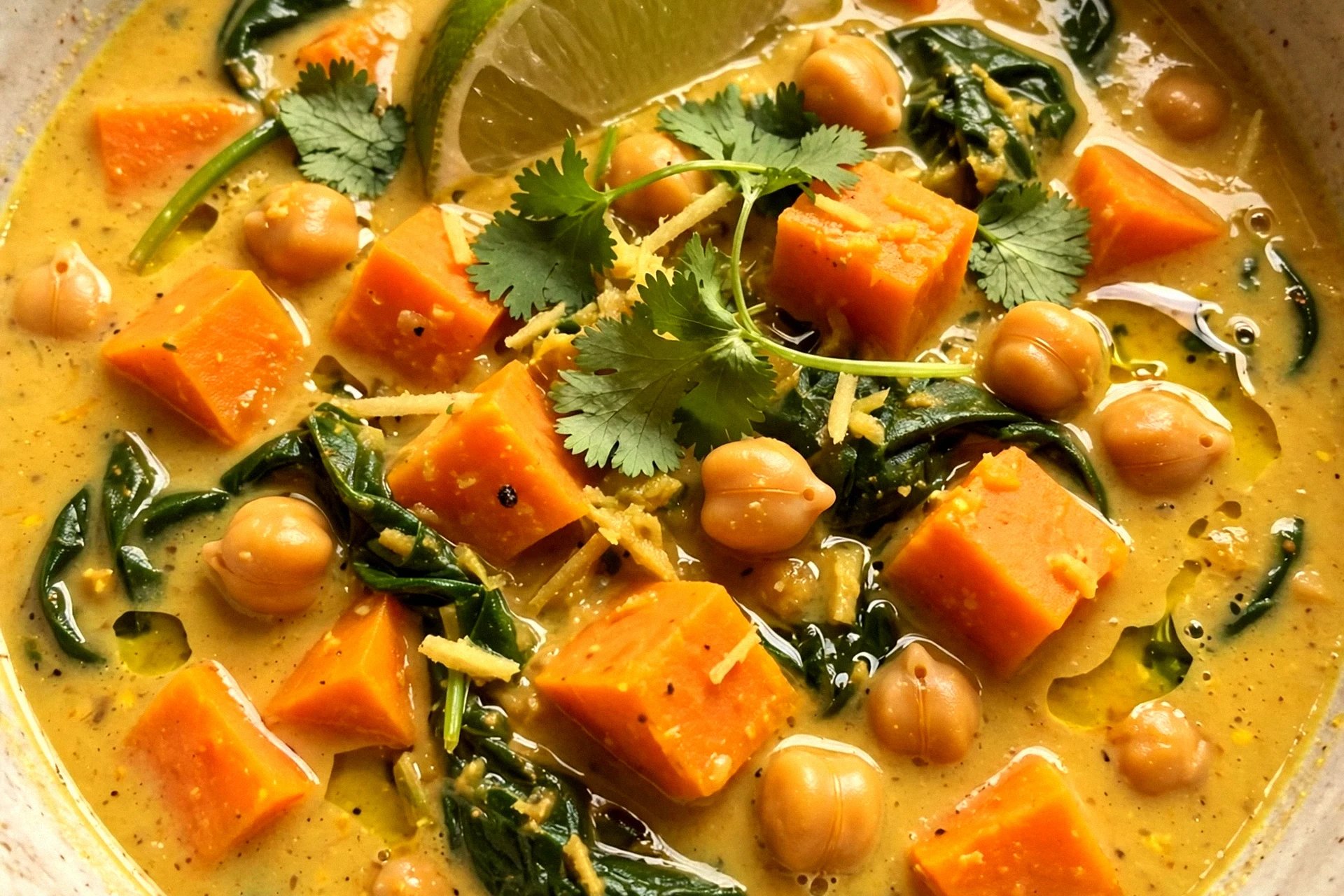 Creamy Ginger Coconut Soup with Turmeric, Sweet Potato & Chickpeas